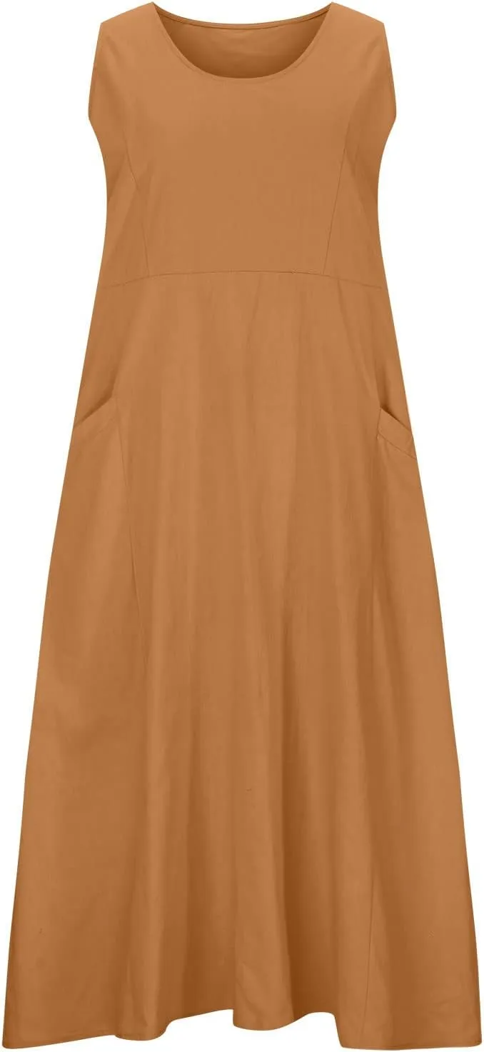 Plus Size Summer Dresses for Women 2025 Casual Plain Sleeveless Linen Tank Dress Beach Sun Dresses with Pockets