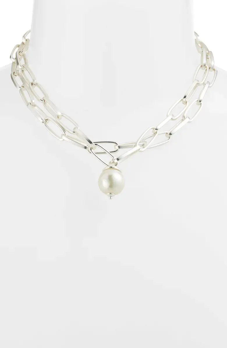 Polished link layered Necklace with pearl drop