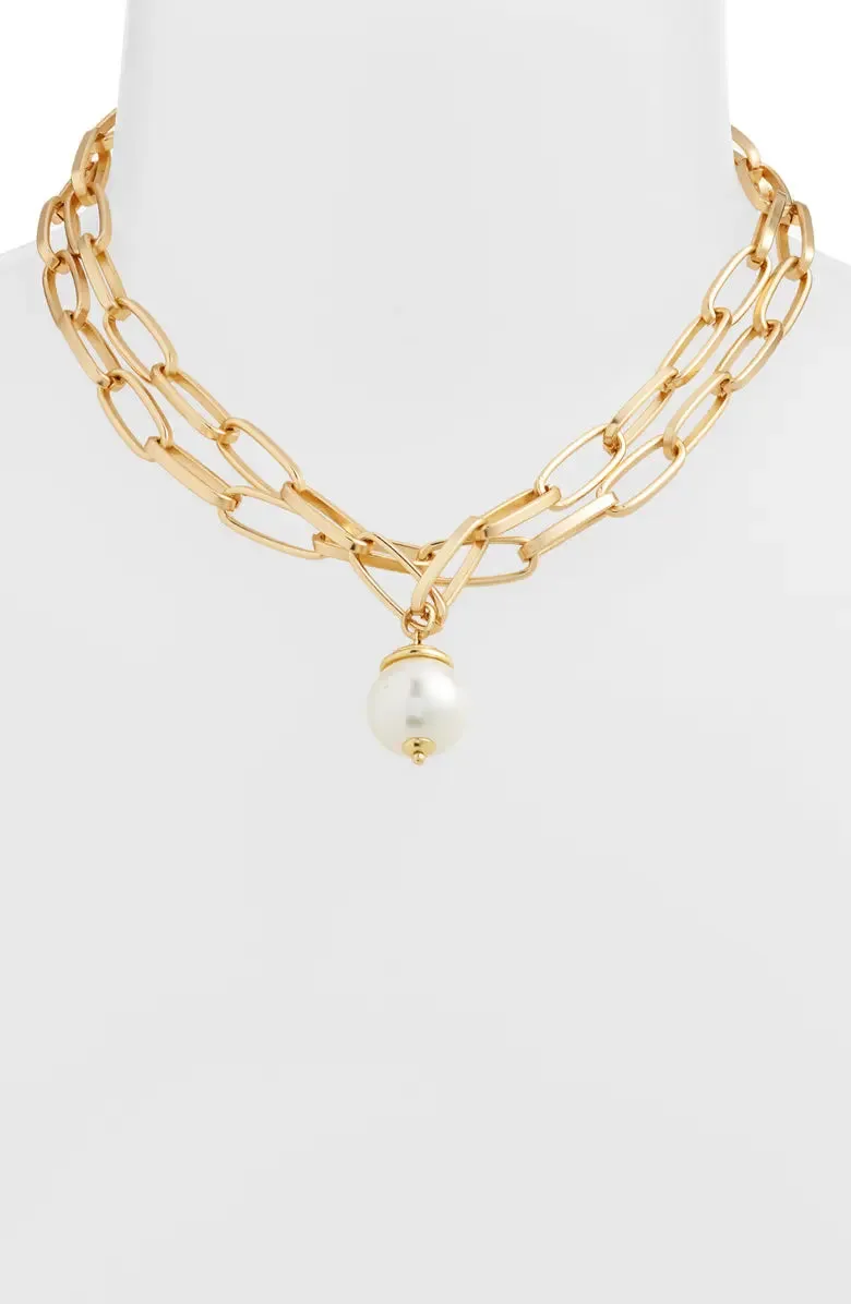 Polished link layered Necklace with pearl drop