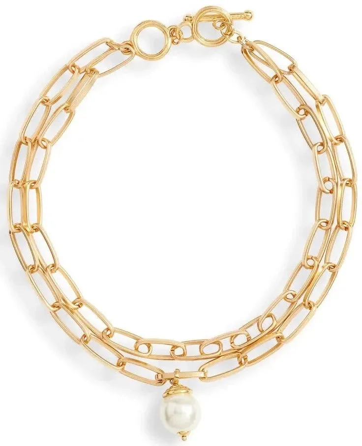 Polished link layered Necklace with pearl drop