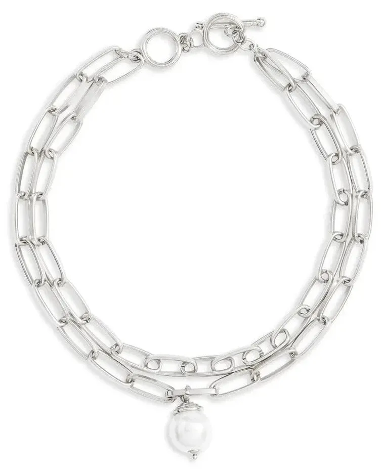 Polished link layered Necklace with pearl drop