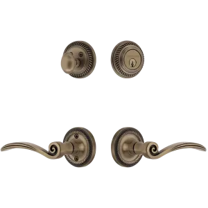 Rope Rosette Entry Set with Swan Lever in Antique Brass