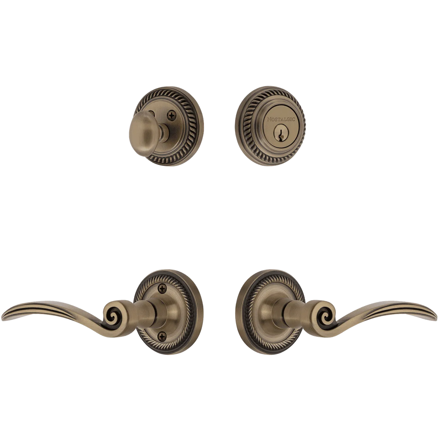 Rope Rosette Entry Set with Swan Lever in Antique Brass