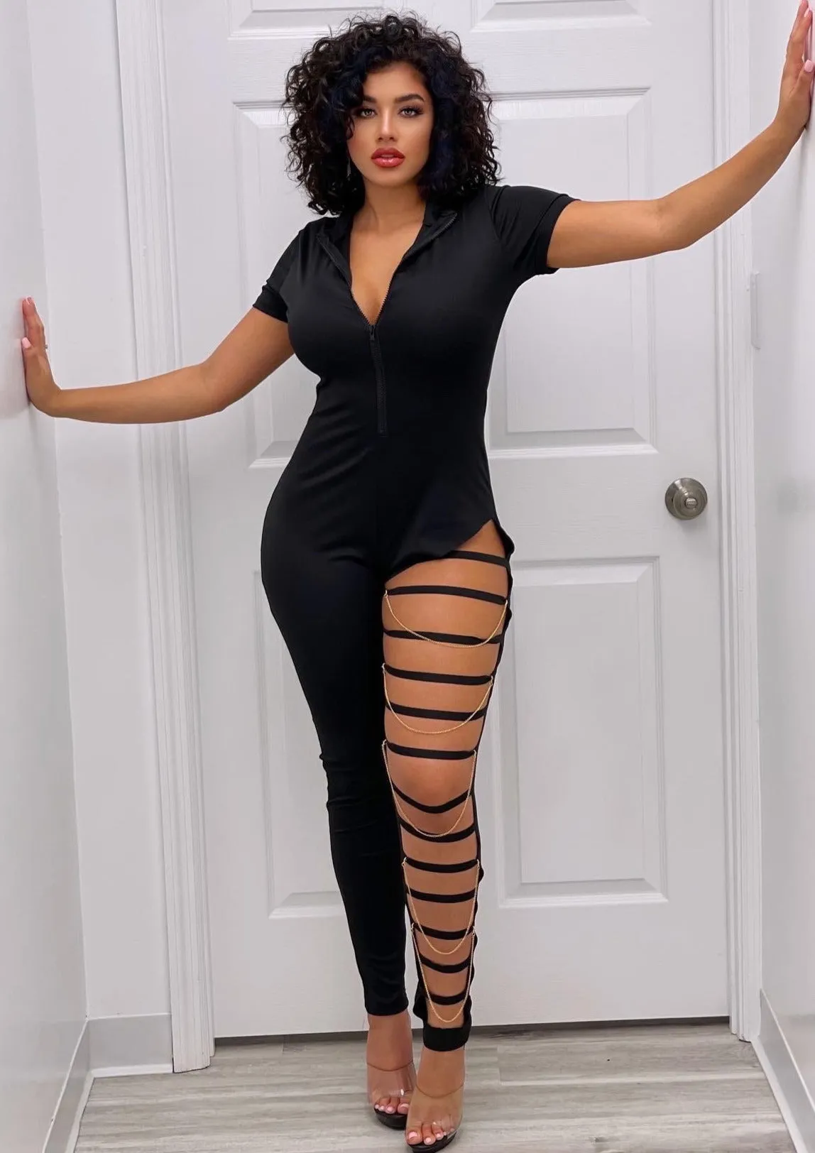 Rori V-Neck One Leg Ribbed Jumpsuit