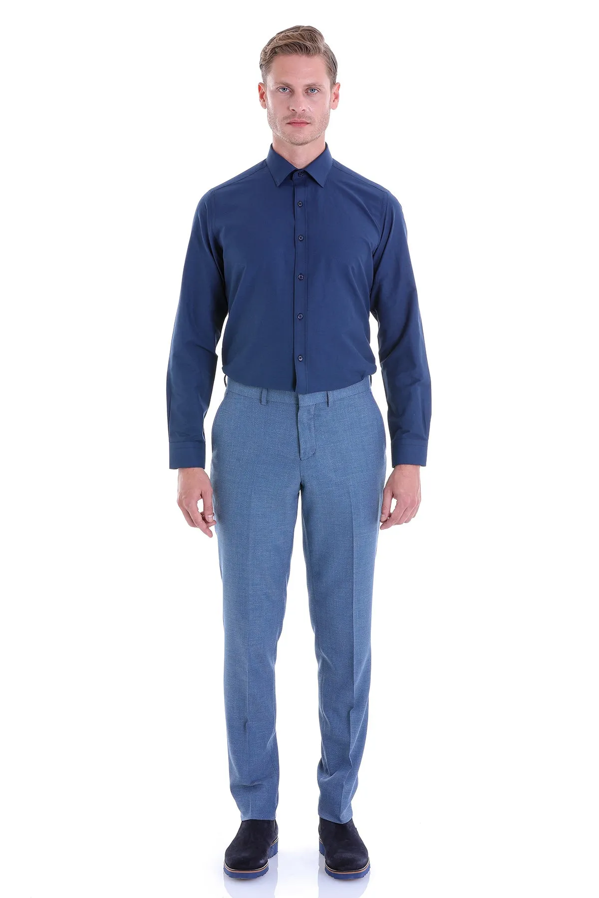 Slim Fit Navy Cotton Blend Dress Shirt