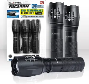 Taclight Tactical Flashlight 3 Pack Tac Light Weatherproof Aircraft Grade Aluminum Construction, 5 Light Modes with 50,000 Hour Cree LEDs, 40x Brighter – As Seen on TV
