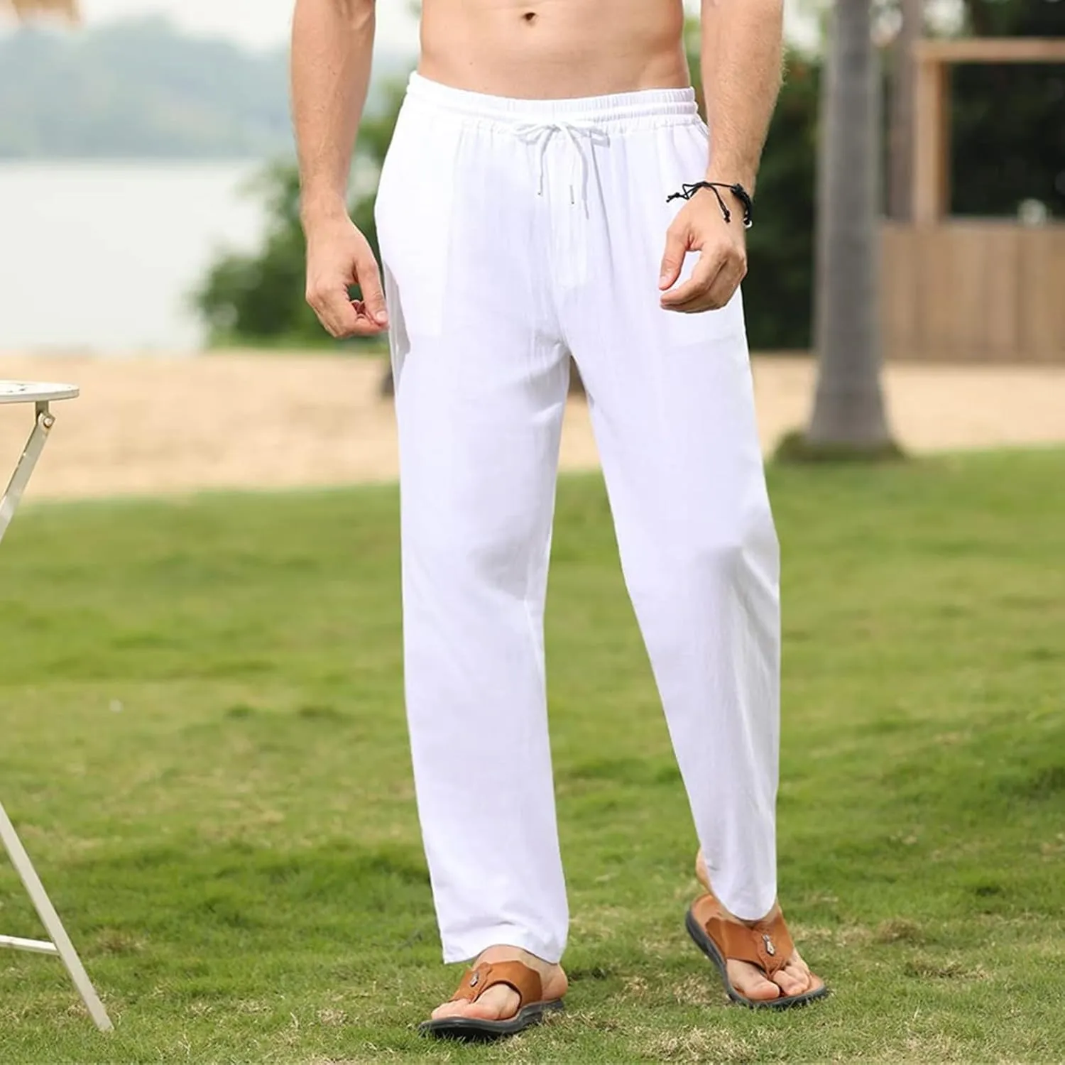 Thatrich Mens Casual Linen Pants Slim Fit Beach Pant Basic Beach Workout Trousers Lightweight Breathable Comfy Sweatpants