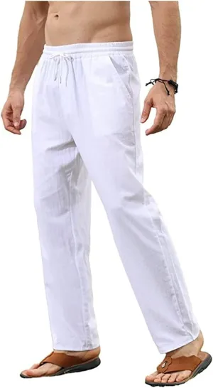 Thatrich Mens Casual Linen Pants Slim Fit Beach Pant Basic Beach Workout Trousers Lightweight Breathable Comfy Sweatpants