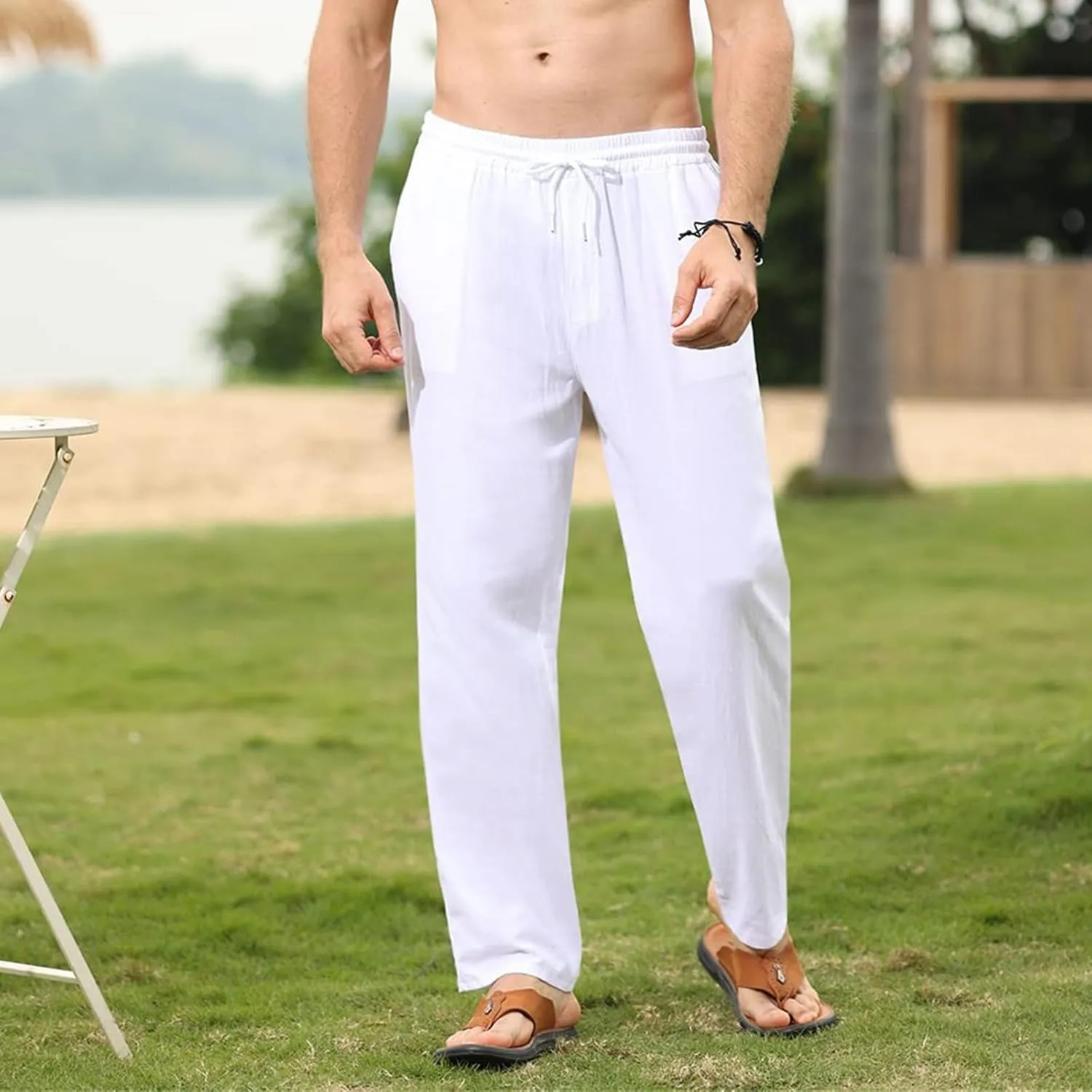 Thatrich Mens Casual Linen Pants Slim Fit Beach Pant Basic Beach Workout Trousers Lightweight Breathable Comfy Sweatpants