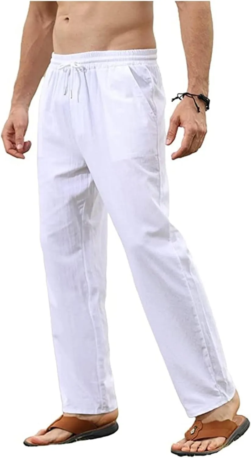 Thatrich Mens Casual Linen Pants Slim Fit Beach Pant Basic Beach Workout Trousers Lightweight Breathable Comfy Sweatpants