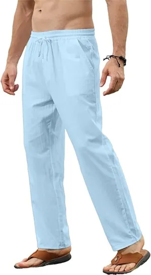 Thatrich Mens Casual Linen Pants Slim Fit Beach Pant Basic Beach Workout Trousers Lightweight Breathable Comfy Sweatpants