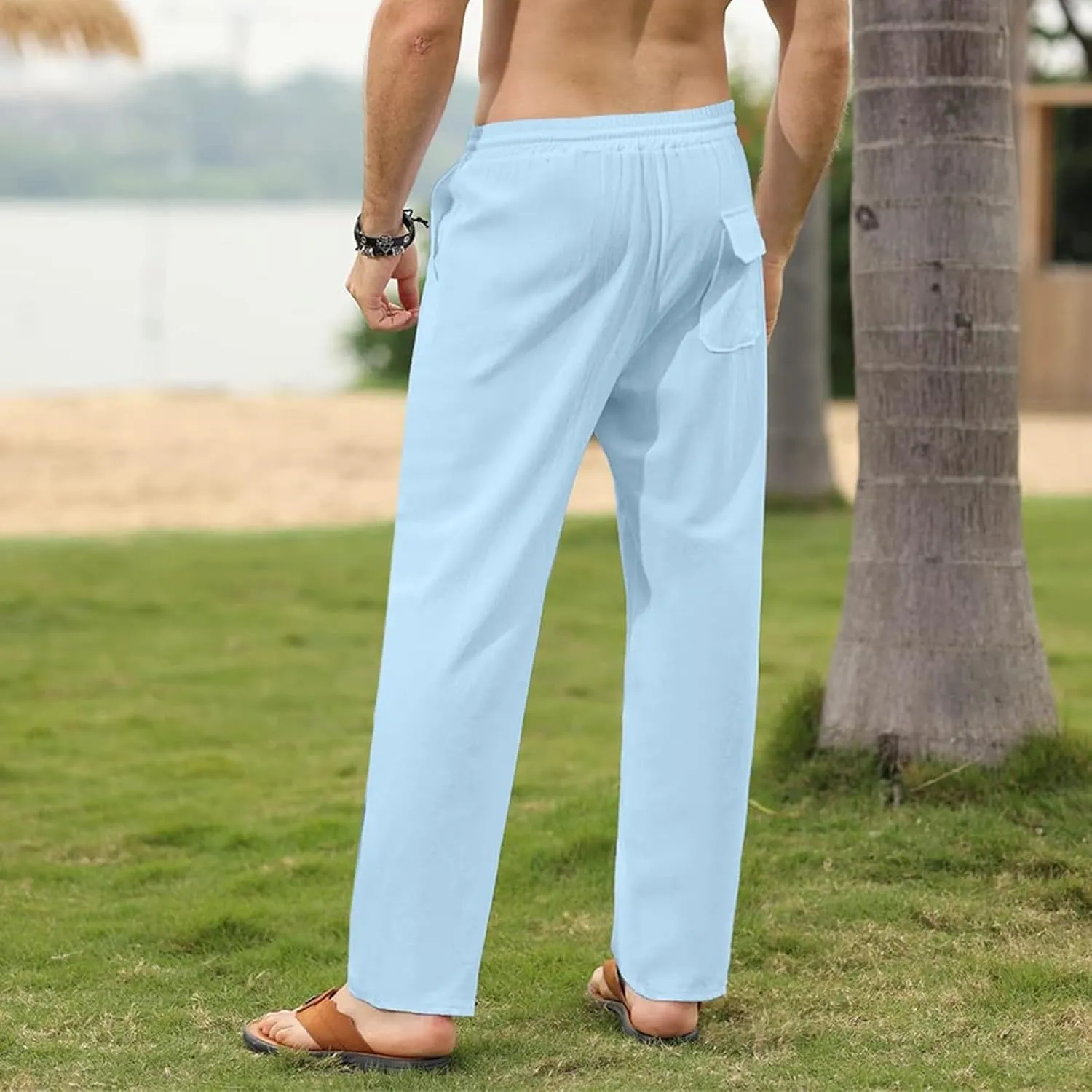 Thatrich Mens Casual Linen Pants Slim Fit Beach Pant Basic Beach Workout Trousers Lightweight Breathable Comfy Sweatpants