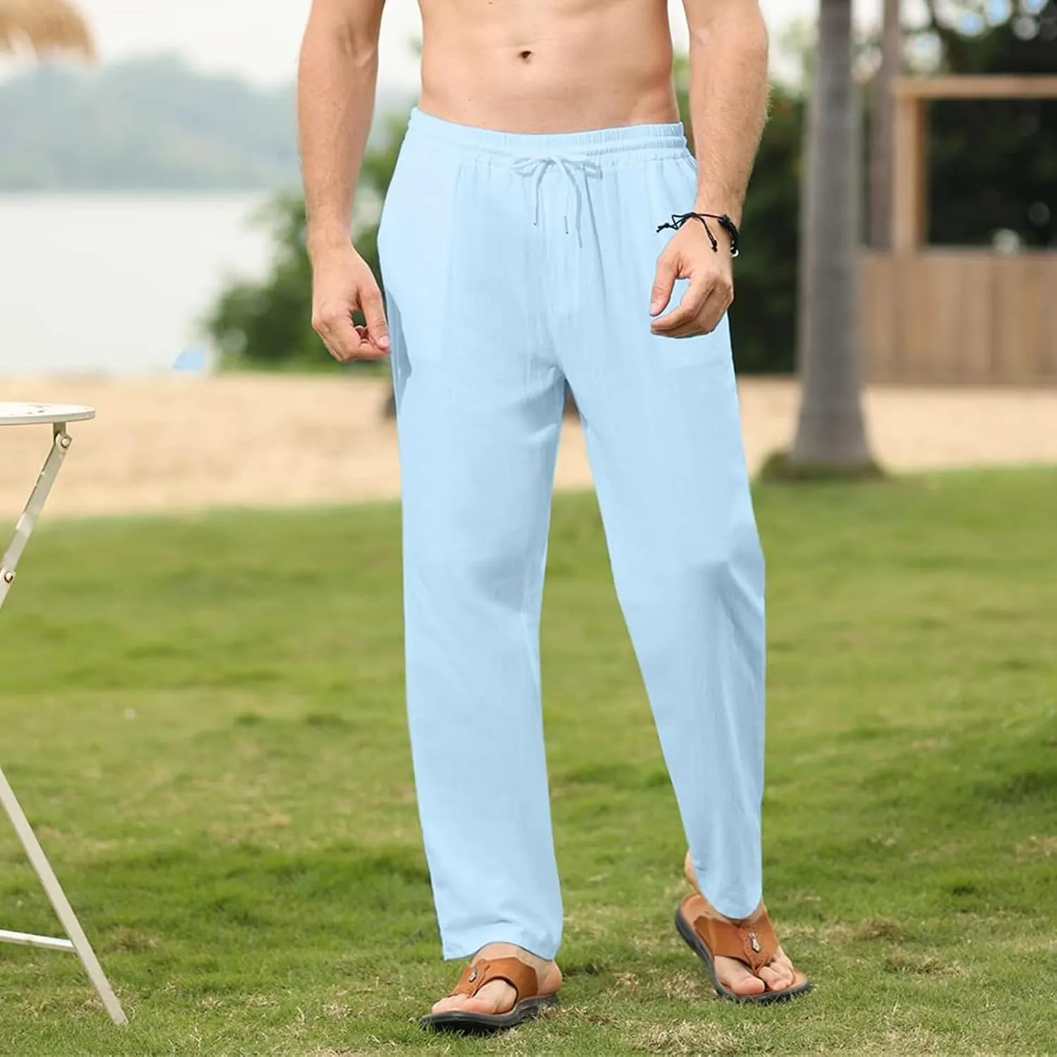 Thatrich Mens Casual Linen Pants Slim Fit Beach Pant Basic Beach Workout Trousers Lightweight Breathable Comfy Sweatpants