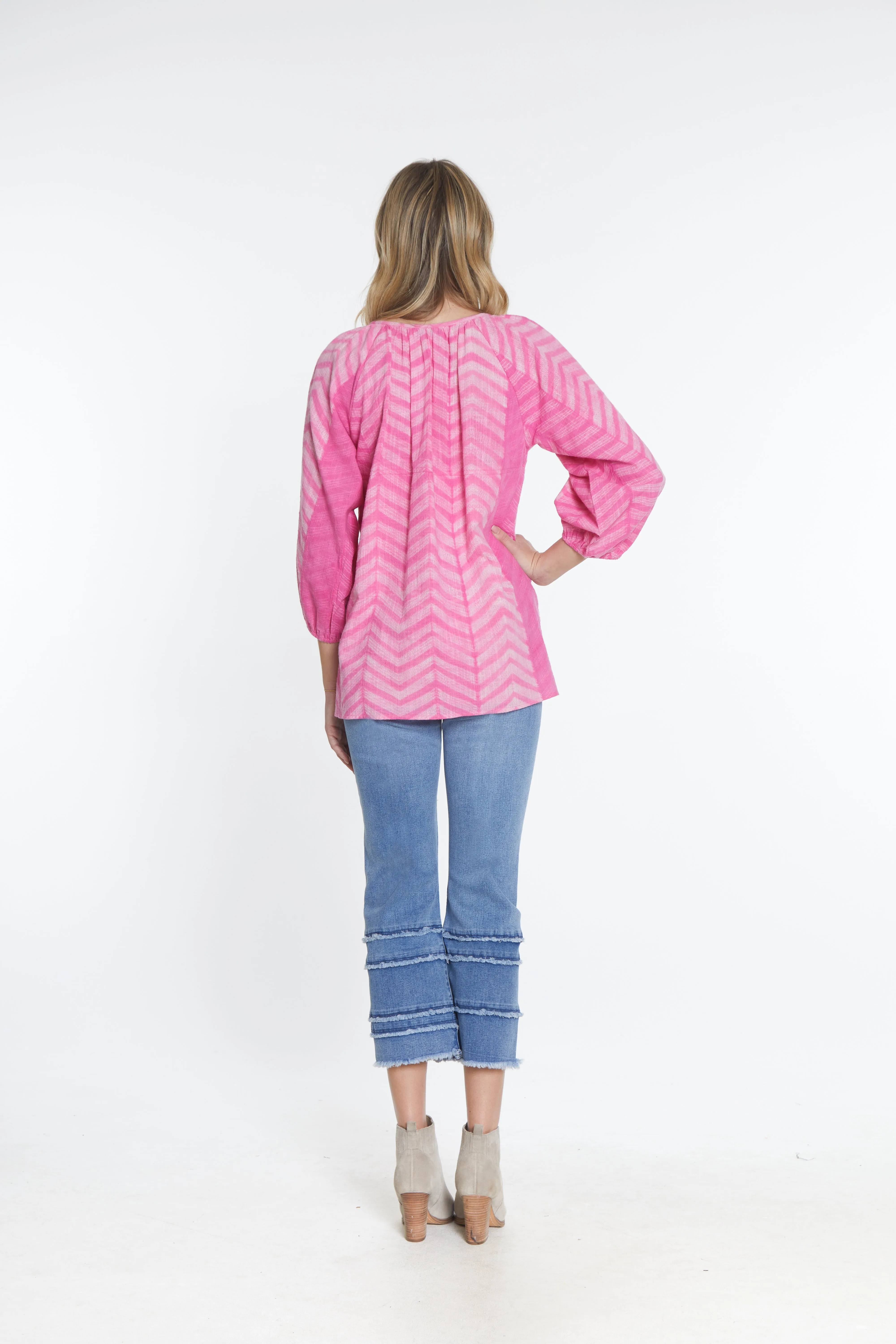 Tie Neck Patchwork Peasant Top - Pink Print