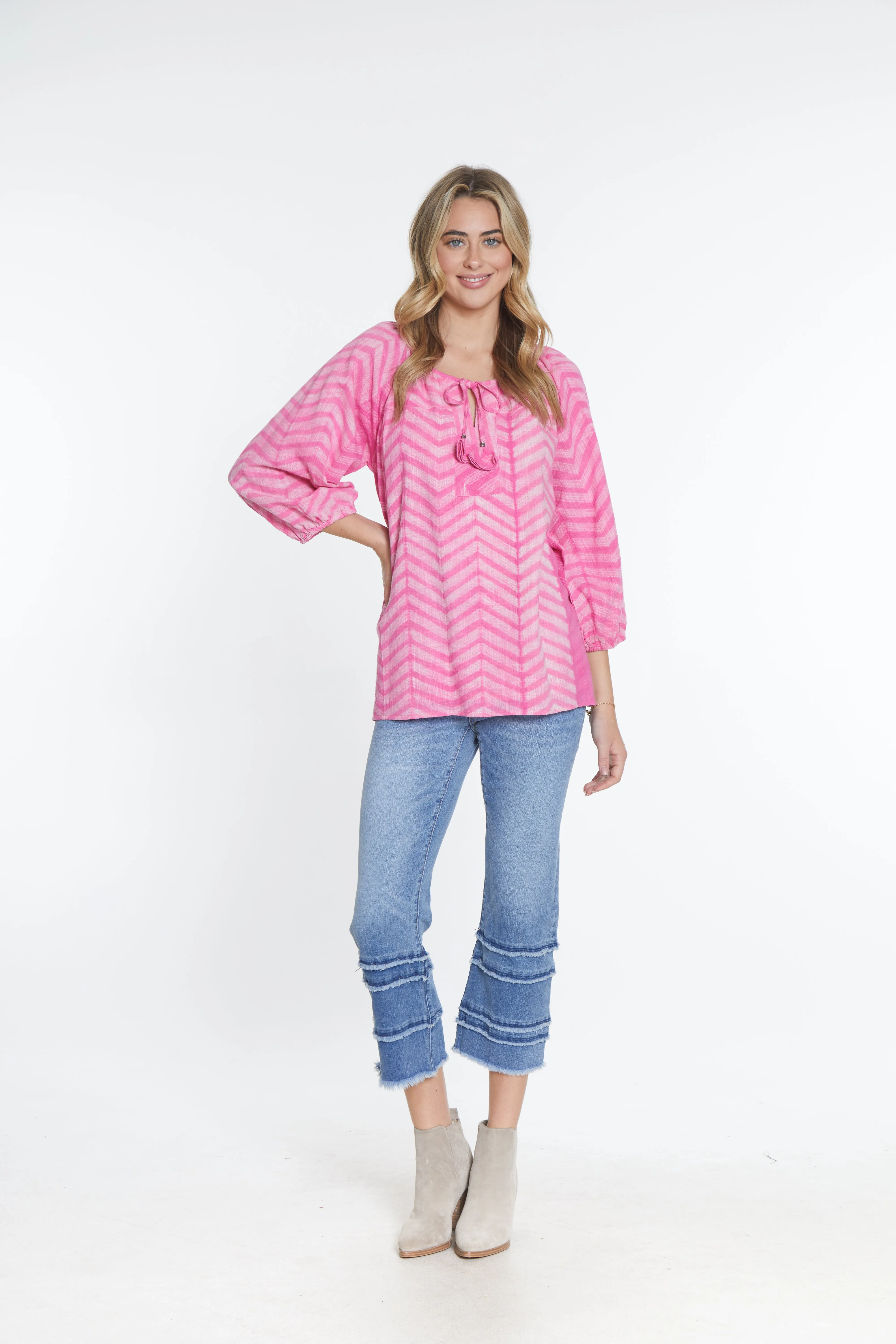 Tie Neck Patchwork Peasant Top - Pink Print