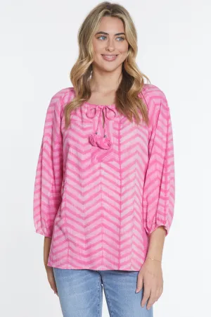 Tie Neck Patchwork Peasant Top - Pink Print