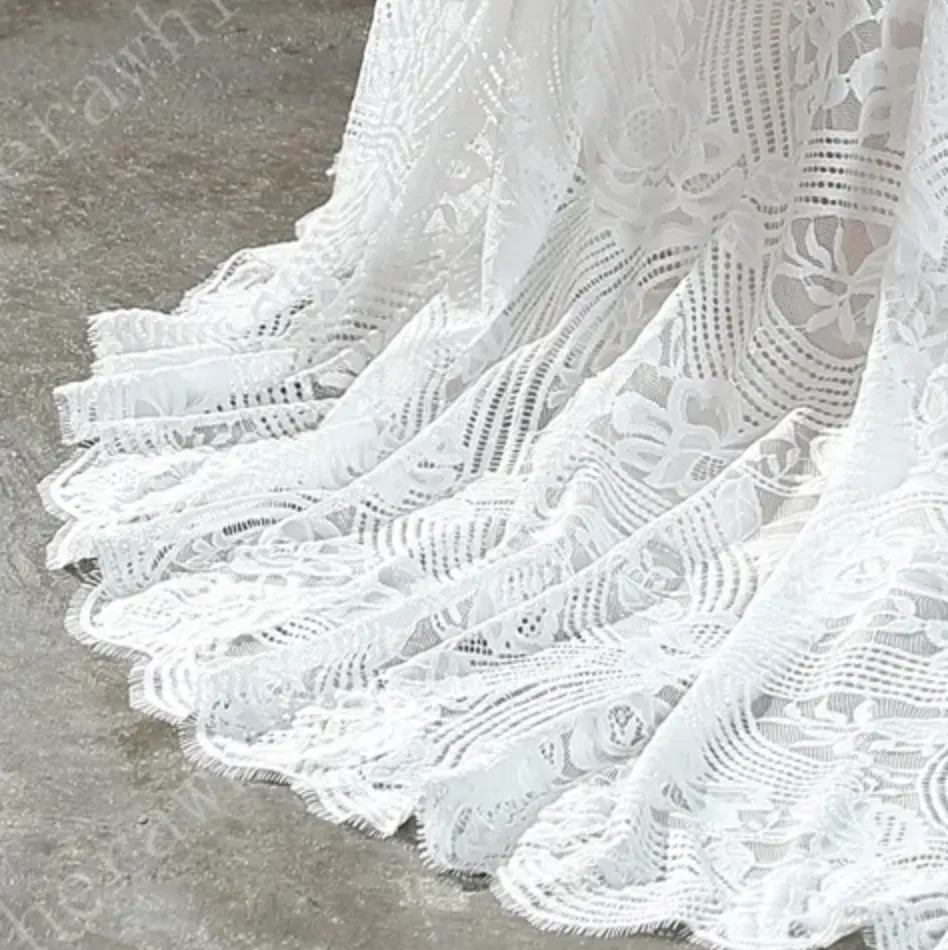 Unique Plunging V-Neck Lace Bohemian Wedding Gown