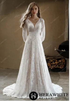 Unique Plunging V-Neck Lace Bohemian Wedding Gown