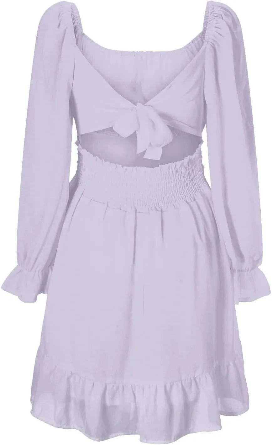Women Dresses Square Neck Ruffled Back Long Sleeve Chiffon Midi Dress Elegant Vacation Dress for Women