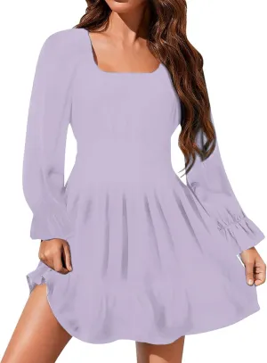 Women Dresses Square Neck Ruffled Back Long Sleeve Chiffon Midi Dress Elegant Vacation Dress for Women