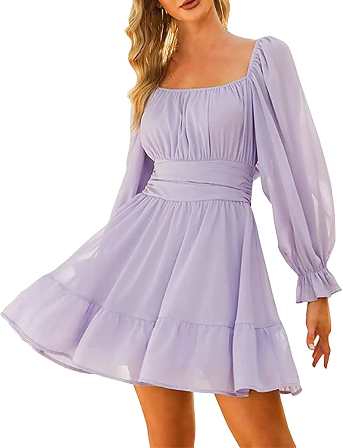 Women Dresses Square Neck Ruffled Back Long Sleeve Chiffon Midi Dress Elegant Vacation Dress for Women