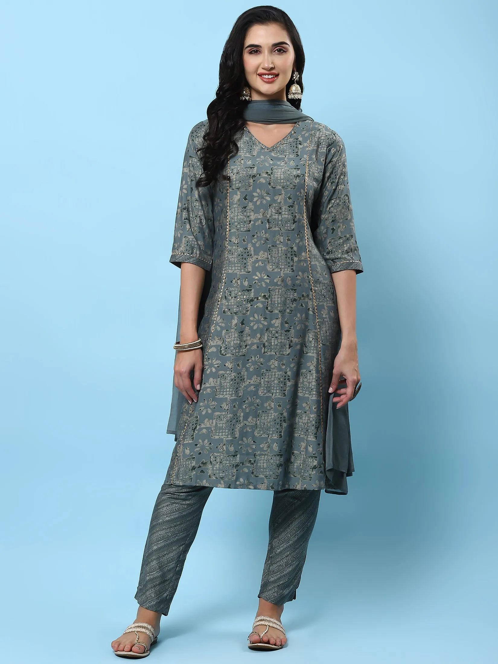 Women Grey Abstract Printed Kurta Trouser Dupatta