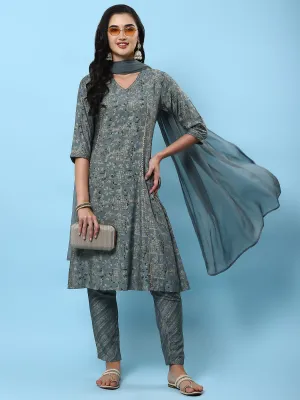 Women Grey Abstract Printed Kurta Trouser Dupatta