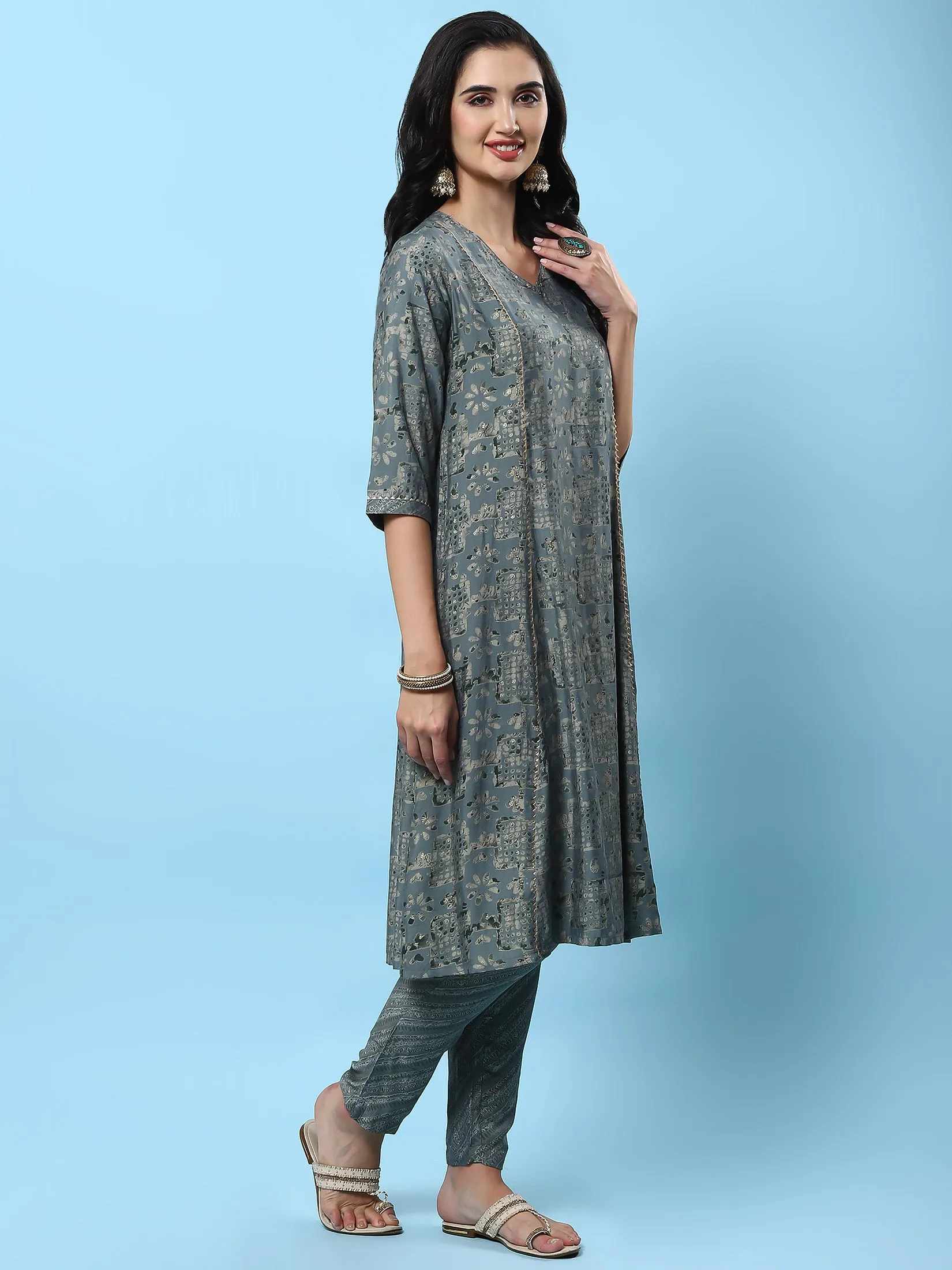 Women Grey Abstract Printed Kurta Trouser Dupatta
