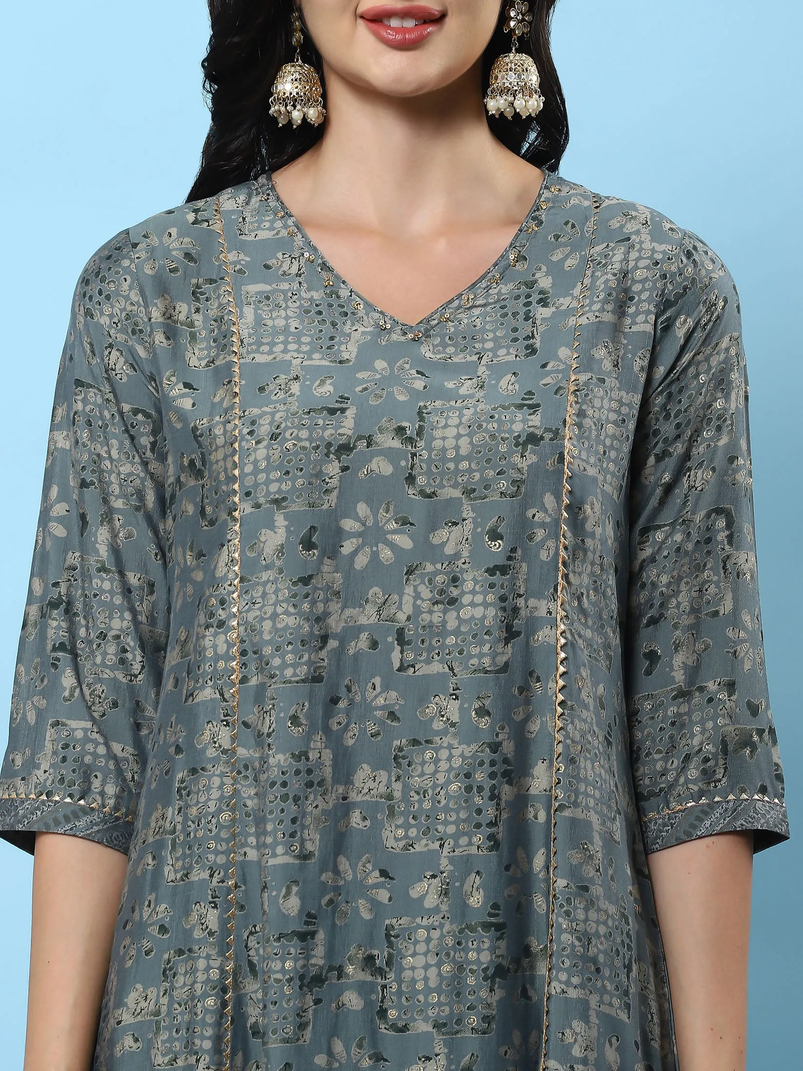 Women Grey Abstract Printed Kurta Trouser Dupatta