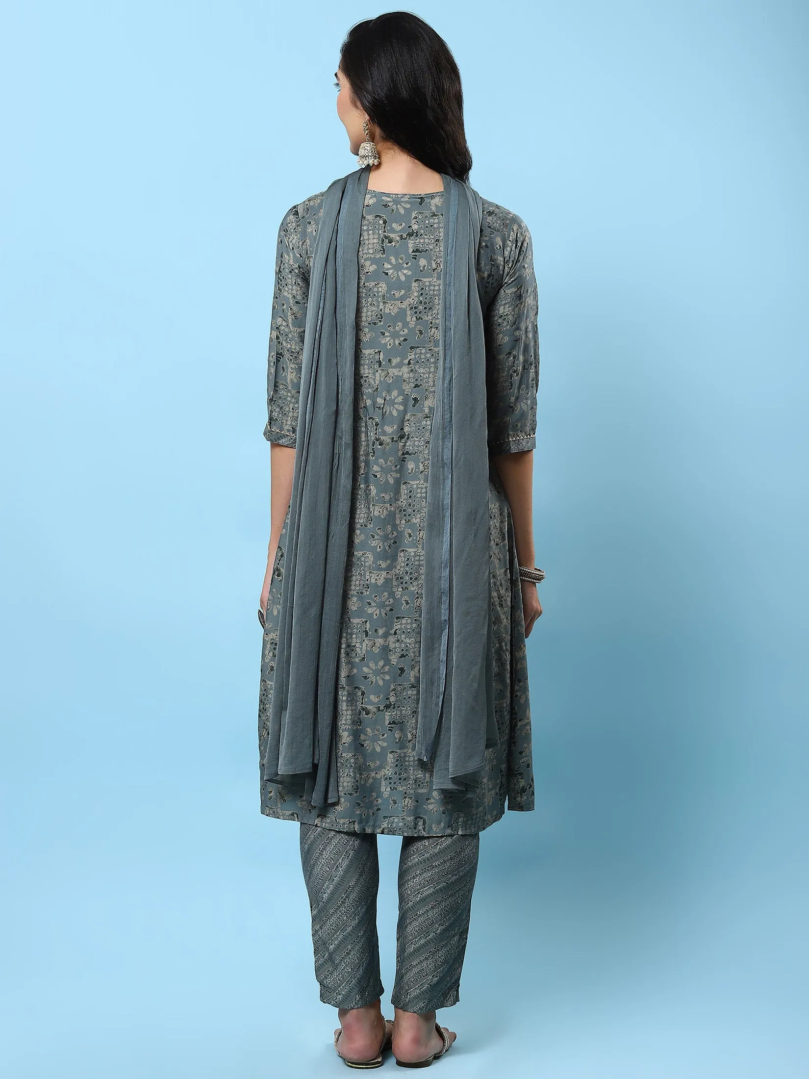 Women Grey Abstract Printed Kurta Trouser Dupatta
