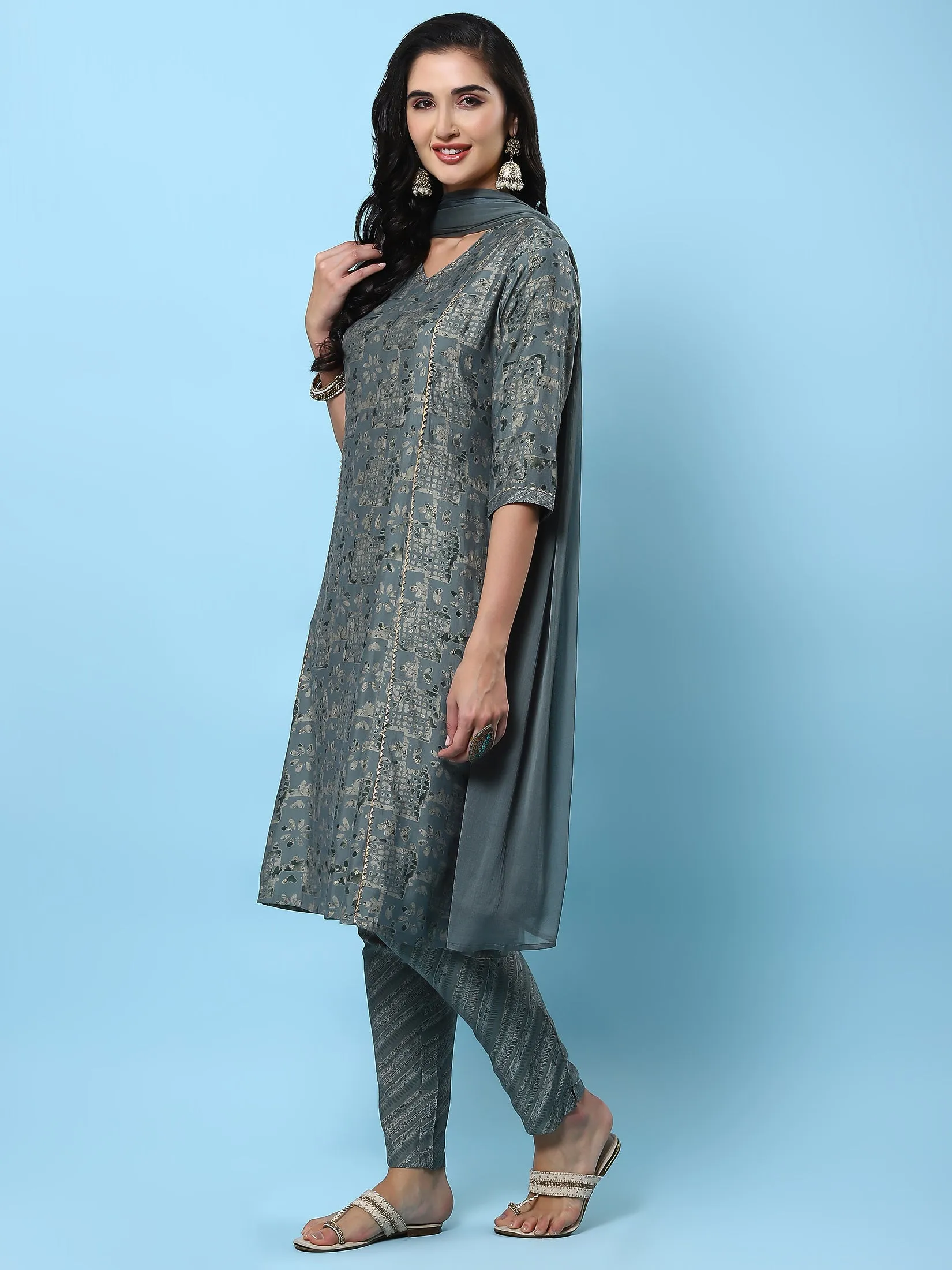 Women Grey Abstract Printed Kurta Trouser Dupatta