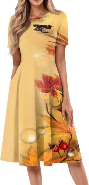 Womens Dresses 2025 Summer Midi Sun Dress Vacation Cinch Waist Crewneck Short Sleeve A Line Dress Side Pockets