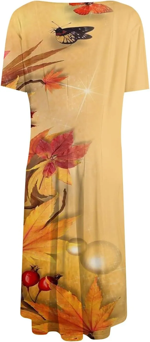 Womens Dresses 2025 Summer Midi Sun Dress Vacation Cinch Waist Crewneck Short Sleeve A Line Dress Side Pockets