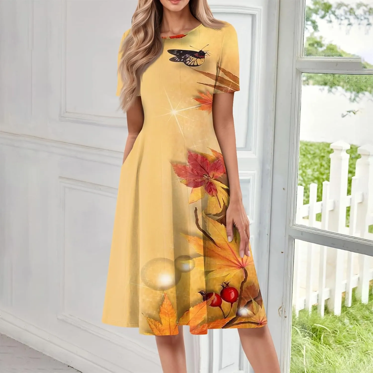 Womens Dresses 2025 Summer Midi Sun Dress Vacation Cinch Waist Crewneck Short Sleeve A Line Dress Side Pockets