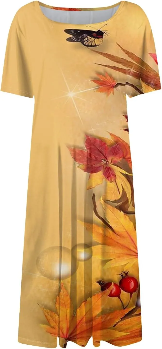 Womens Dresses 2025 Summer Midi Sun Dress Vacation Cinch Waist Crewneck Short Sleeve A Line Dress Side Pockets