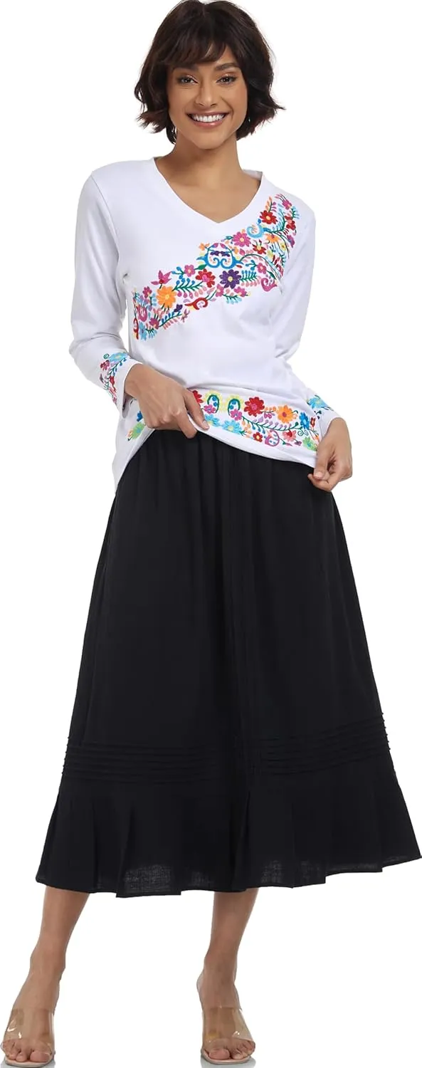 YZXDORWJ Mexican Long Sleeve Shirts for Women Peasant Embroidered Blouse Floral Traditional T-Shirt Boho Tee
