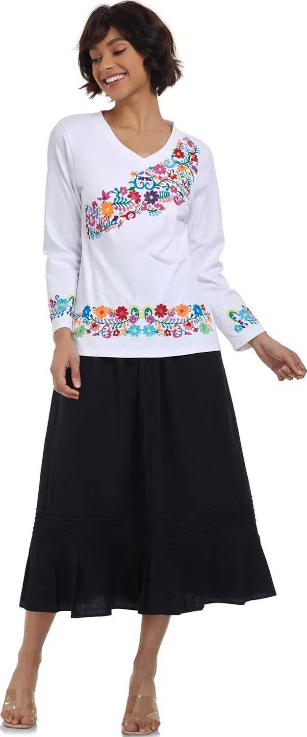 YZXDORWJ Mexican Long Sleeve Shirts for Women Peasant Embroidered Blouse Floral Traditional T-Shirt Boho Tee