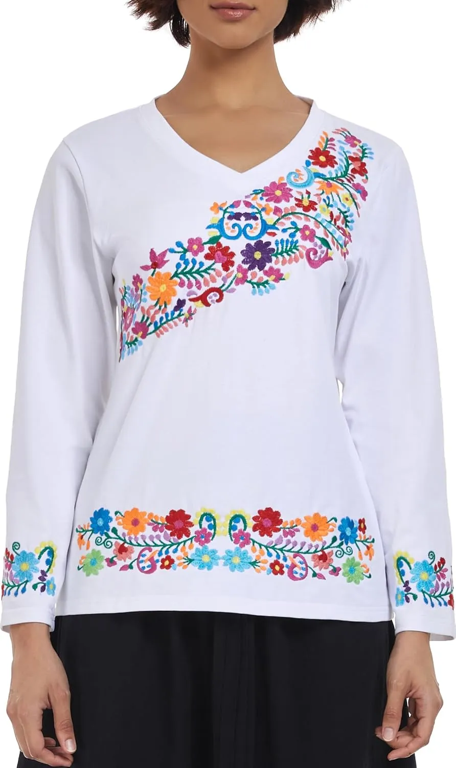 YZXDORWJ Mexican Long Sleeve Shirts for Women Peasant Embroidered Blouse Floral Traditional T-Shirt Boho Tee