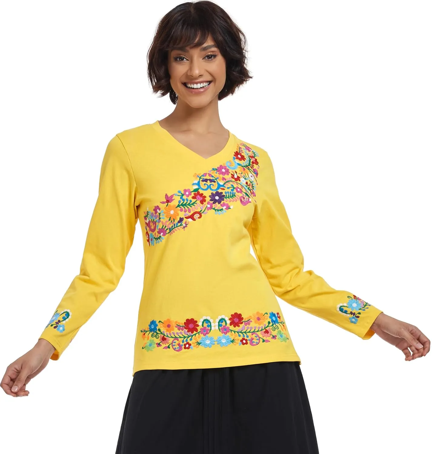 YZXDORWJ Mexican Long Sleeve Shirts for Women Peasant Embroidered Blouse Floral Traditional T-Shirt Boho Tee