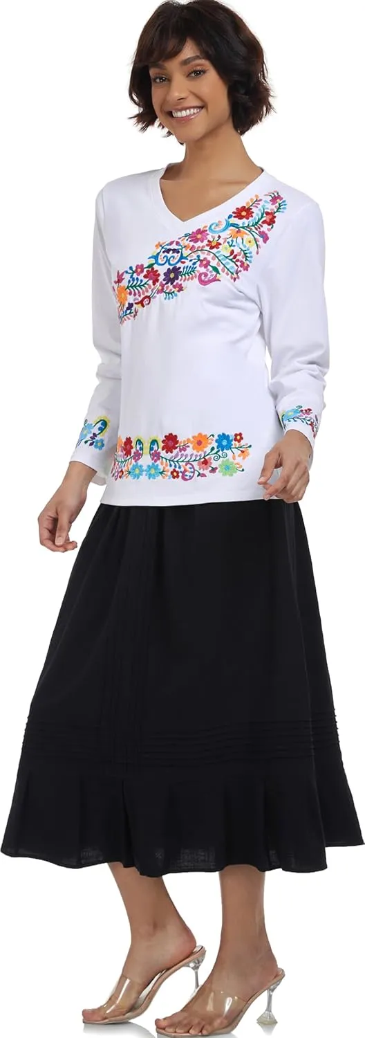 YZXDORWJ Mexican Long Sleeve Shirts for Women Peasant Embroidered Blouse Floral Traditional T-Shirt Boho Tee