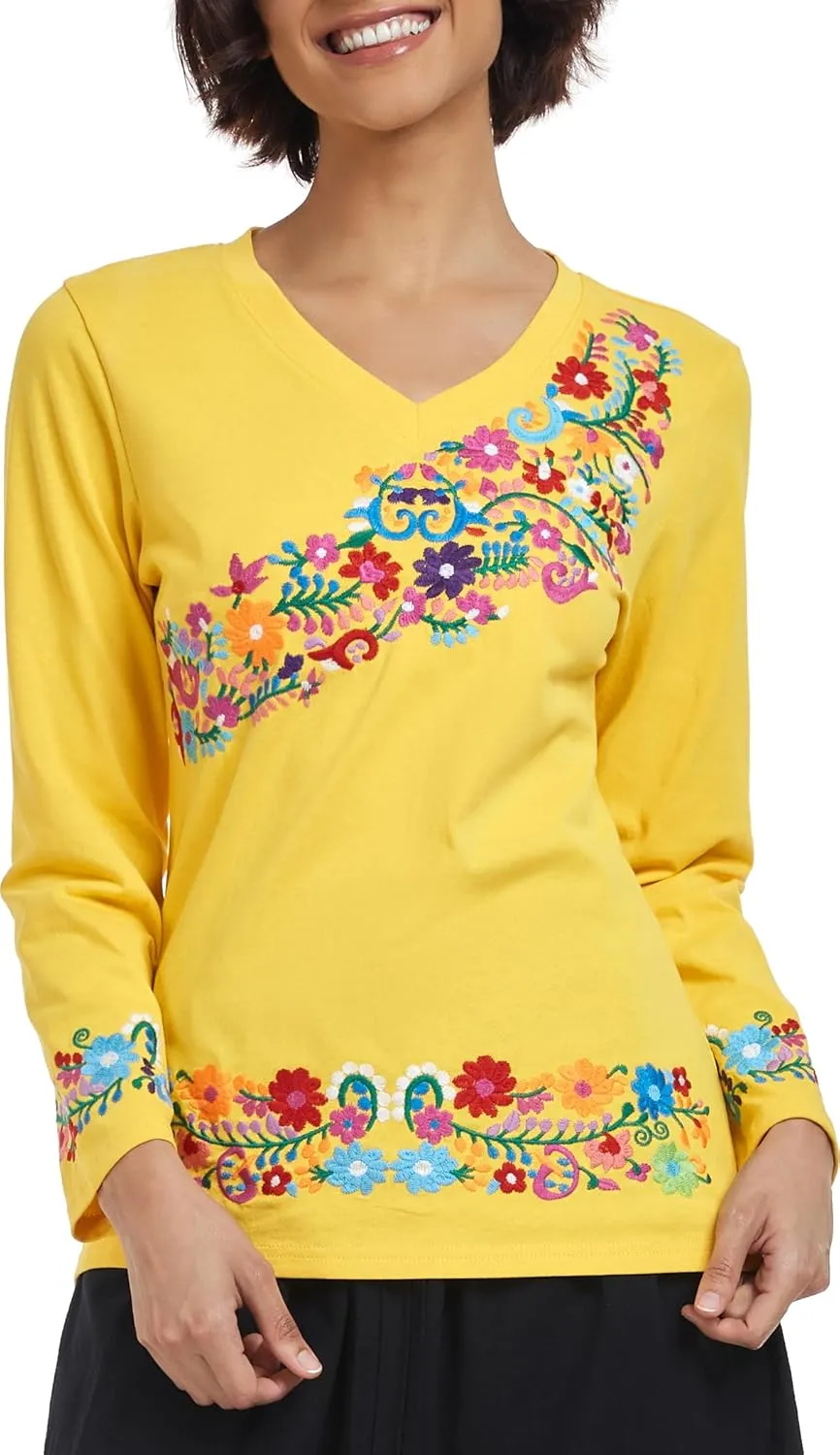 YZXDORWJ Mexican Long Sleeve Shirts for Women Peasant Embroidered Blouse Floral Traditional T-Shirt Boho Tee