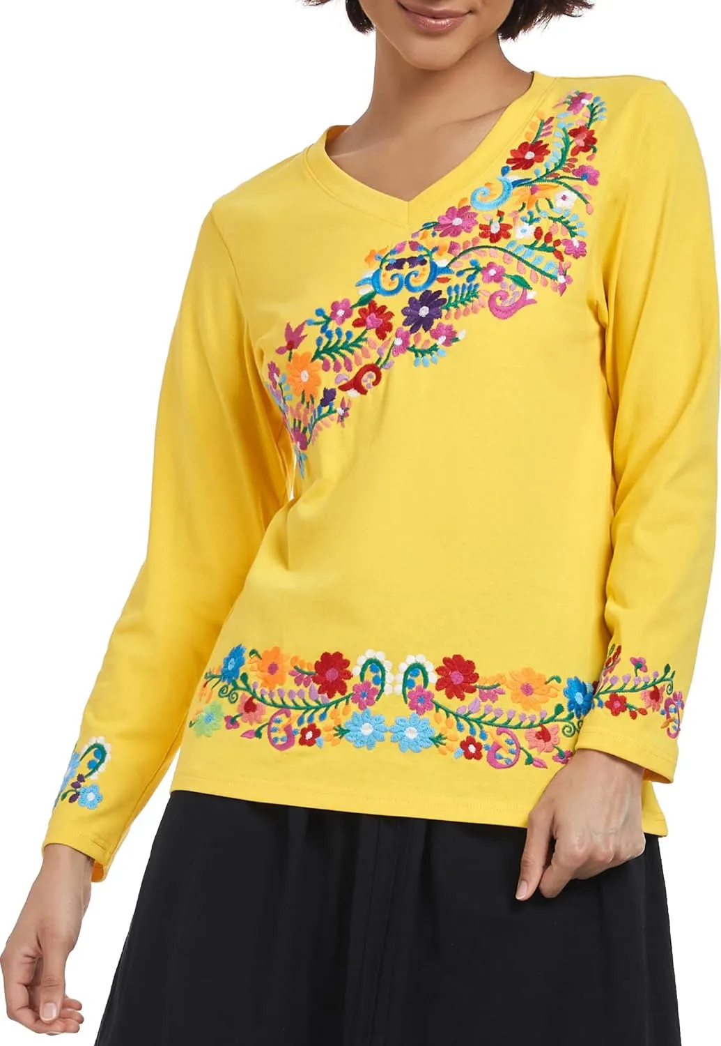 YZXDORWJ Mexican Long Sleeve Shirts for Women Peasant Embroidered Blouse Floral Traditional T-Shirt Boho Tee