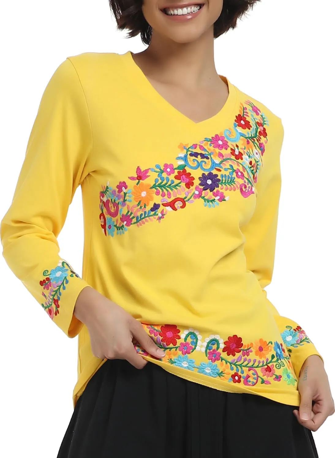 YZXDORWJ Mexican Long Sleeve Shirts for Women Peasant Embroidered Blouse Floral Traditional T-Shirt Boho Tee