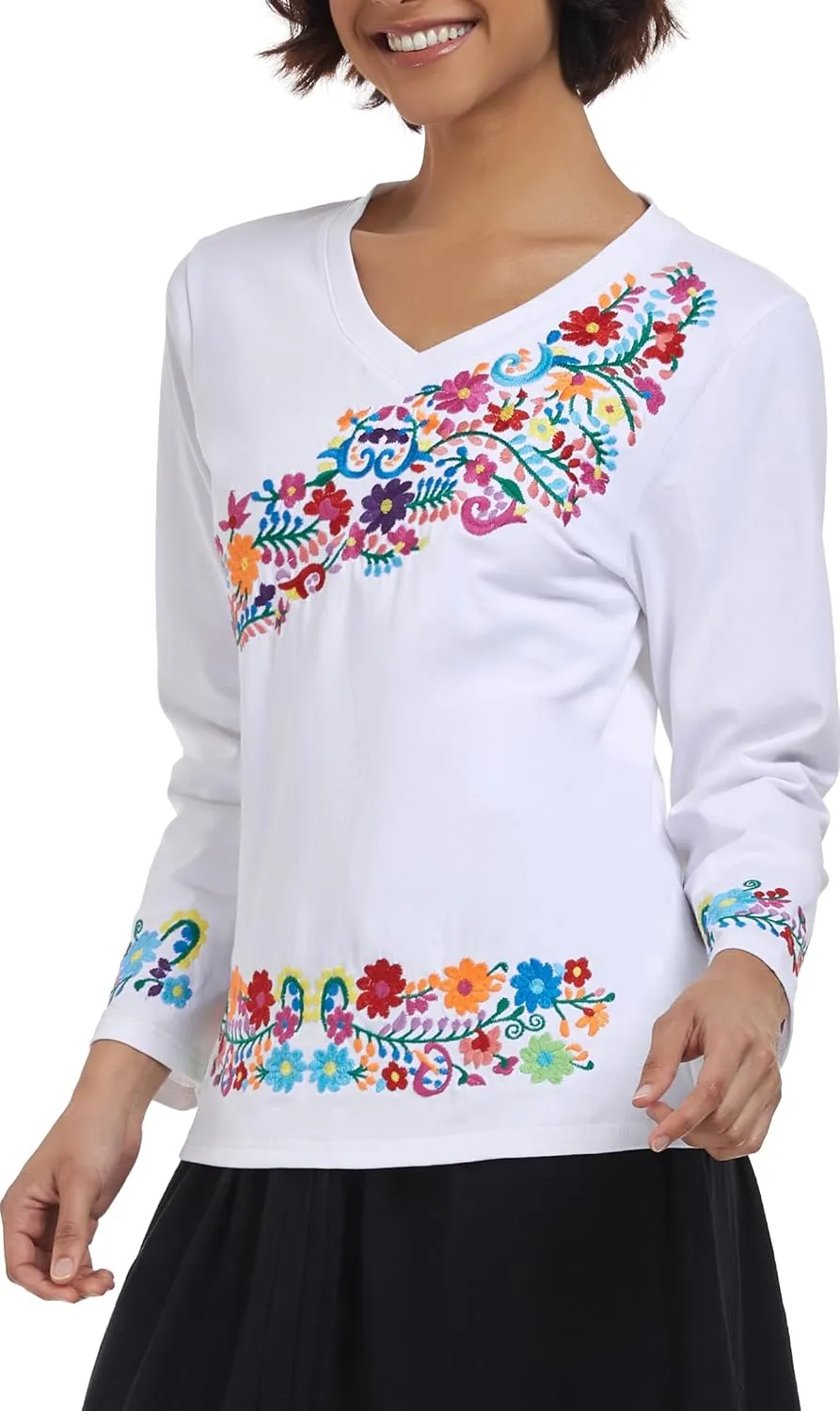 YZXDORWJ Mexican Long Sleeve Shirts for Women Peasant Embroidered Blouse Floral Traditional T-Shirt Boho Tee