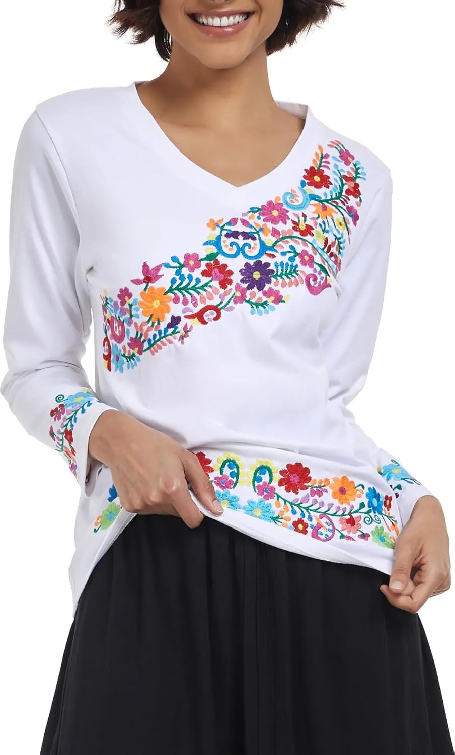 YZXDORWJ Mexican Long Sleeve Shirts for Women Peasant Embroidered Blouse Floral Traditional T-Shirt Boho Tee