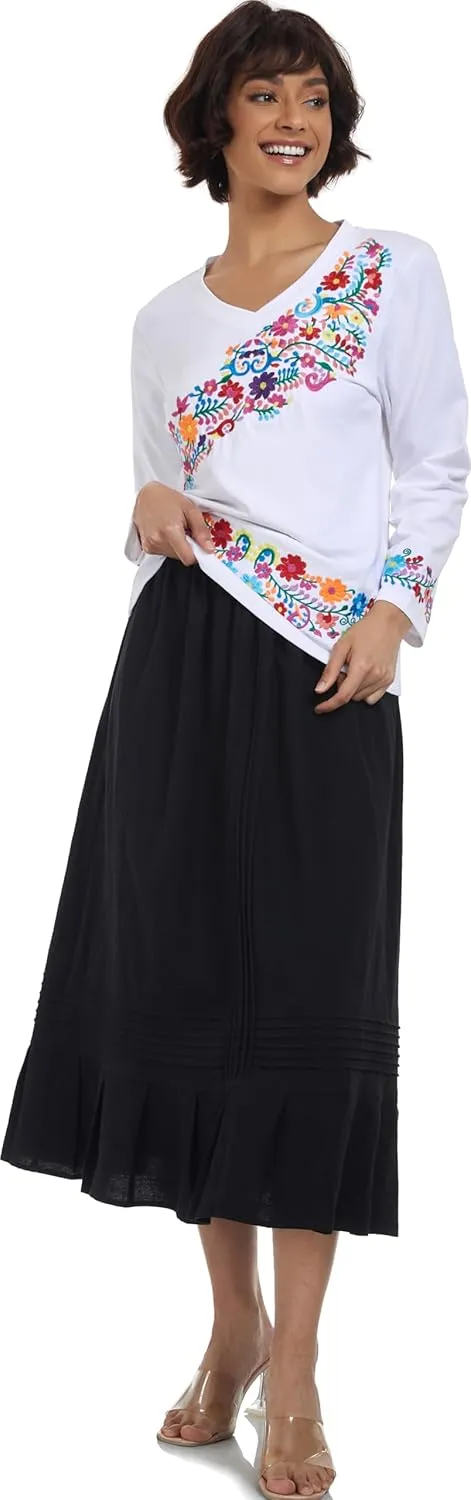 YZXDORWJ Mexican Long Sleeve Shirts for Women Peasant Embroidered Blouse Floral Traditional T-Shirt Boho Tee
