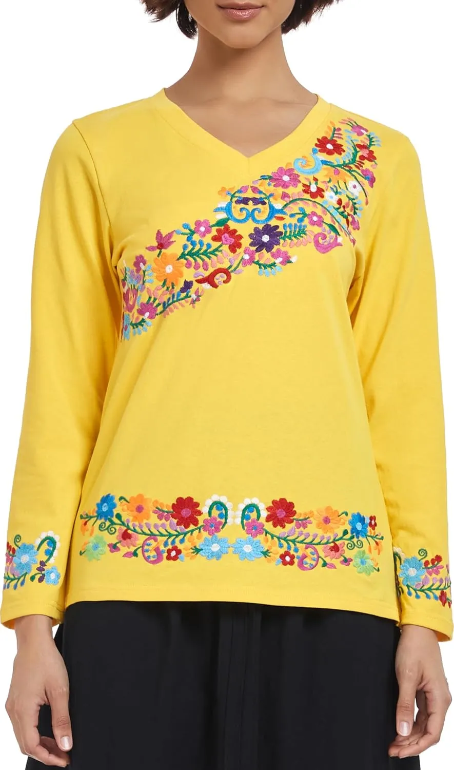 YZXDORWJ Mexican Long Sleeve Shirts for Women Peasant Embroidered Blouse Floral Traditional T-Shirt Boho Tee