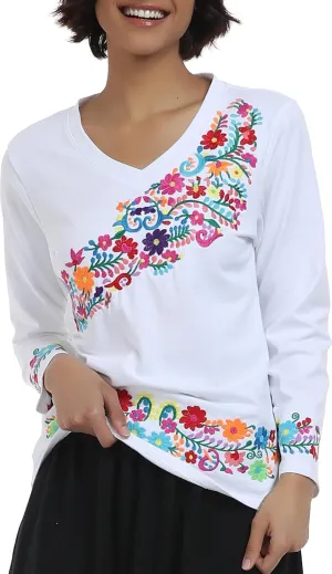 YZXDORWJ Mexican Long Sleeve Shirts for Women Peasant Embroidered Blouse Floral Traditional T-Shirt Boho Tee