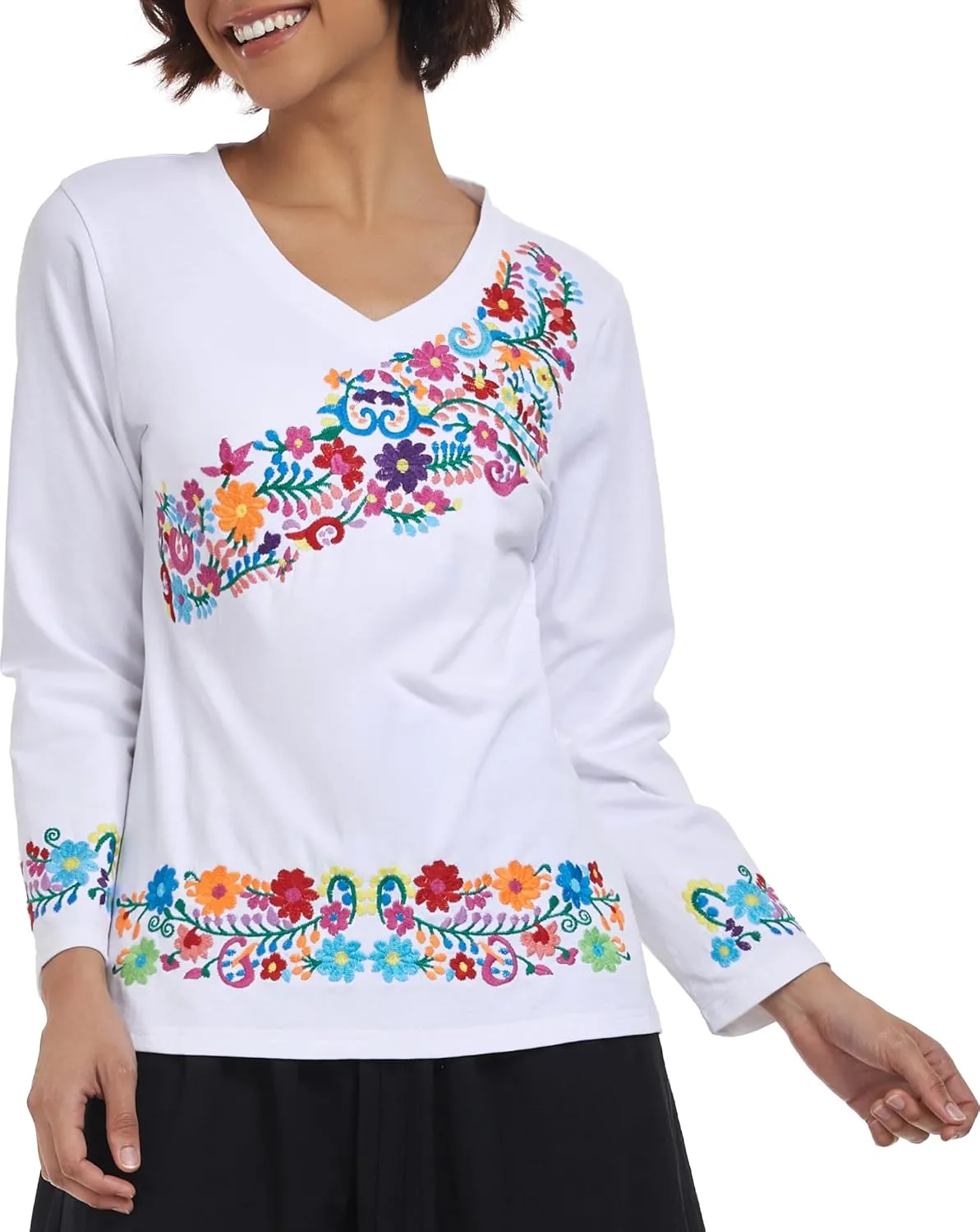 YZXDORWJ Mexican Long Sleeve Shirts for Women Peasant Embroidered Blouse Floral Traditional T-Shirt Boho Tee