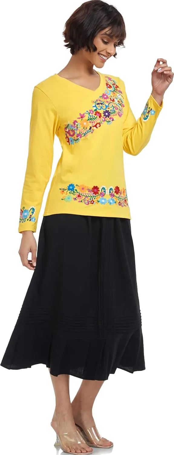 YZXDORWJ Mexican Long Sleeve Shirts for Women Peasant Embroidered Blouse Floral Traditional T-Shirt Boho Tee